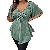 Eytino Womens Plus Size Tops Twist Front V Neck Short Sleeve Eyelet Embroidery Summer Loose Blouse Shirts(1X-5X)