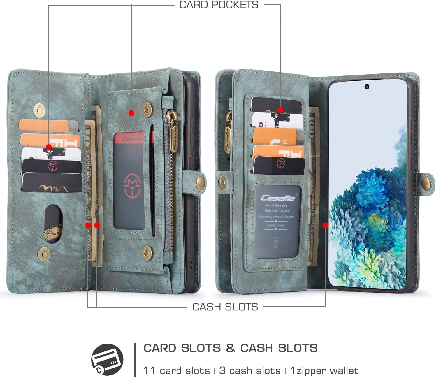ANROD Detachable Leather Wallet Case for Samsung Galaxy S20 Ultra,CaseMe Magnetic Closure 2-in-1 Flip TPU Shockproof Zipper Purse Back Cover with Card Slots (Blue) - Image 4