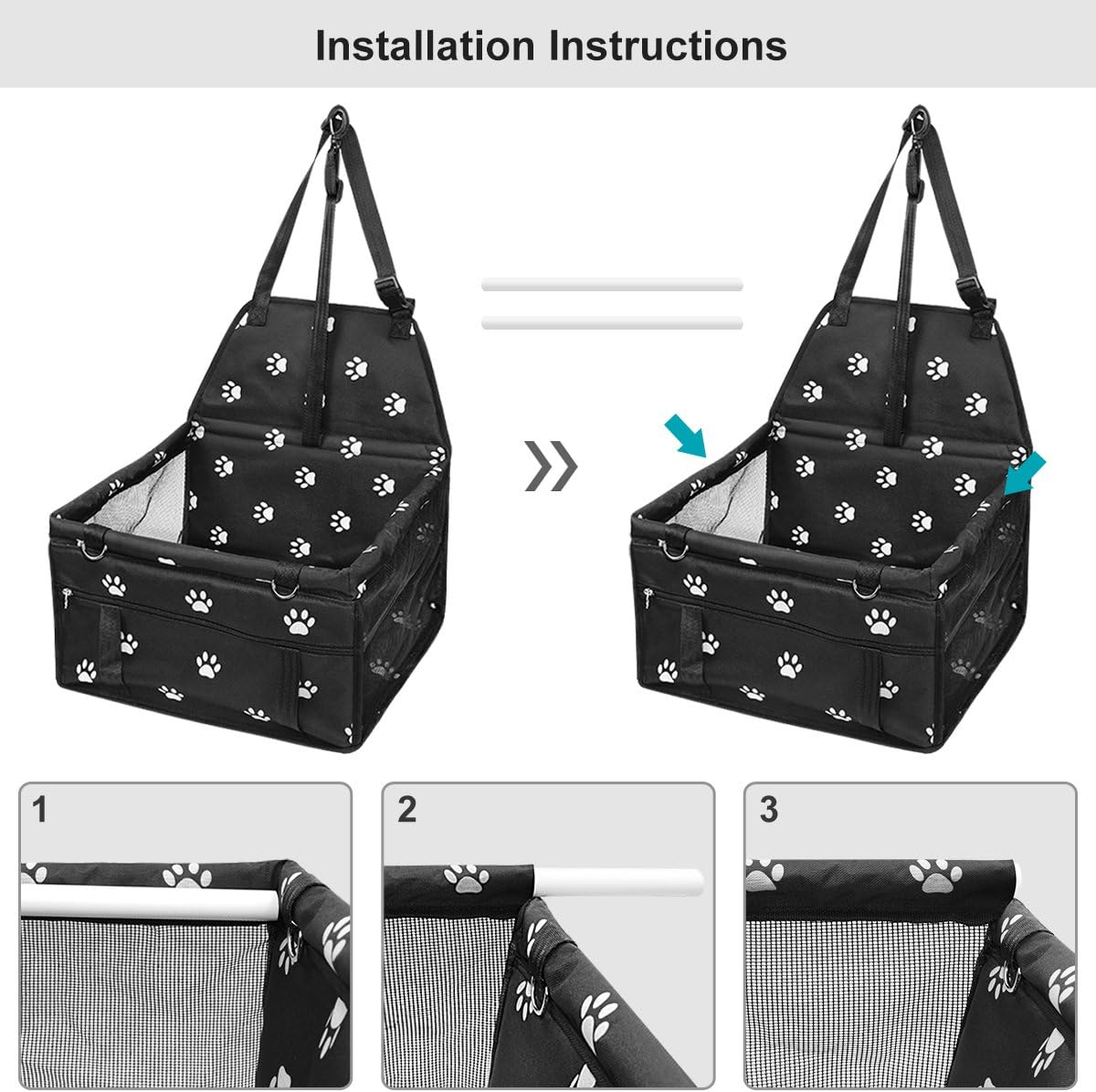 HIPPIH Collapsible Pet Booster Car Seat - 2 Support Bars, Portable Small Dog Cat Car Carrier with Safety Leash and Zipper Storage Pocket (Black with paw Prints) : Pet Supplies