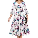 DRESSTELLS Women's Cocktail Dress 2026, A-Line Midi with 3/4 Bell Sleeves for Spring & Wedding Guest - S-3XL