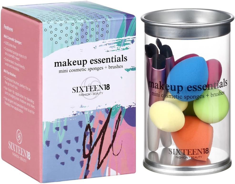 Sixteen18 Travel Size Makeup Brush Set Essentials - 5 Mini Beauty Blenders Contour Puff Sponge & 5 Mini Eye Cosmetic Applicator Makeup Brushes w/Carrying Case (10 Pieces)