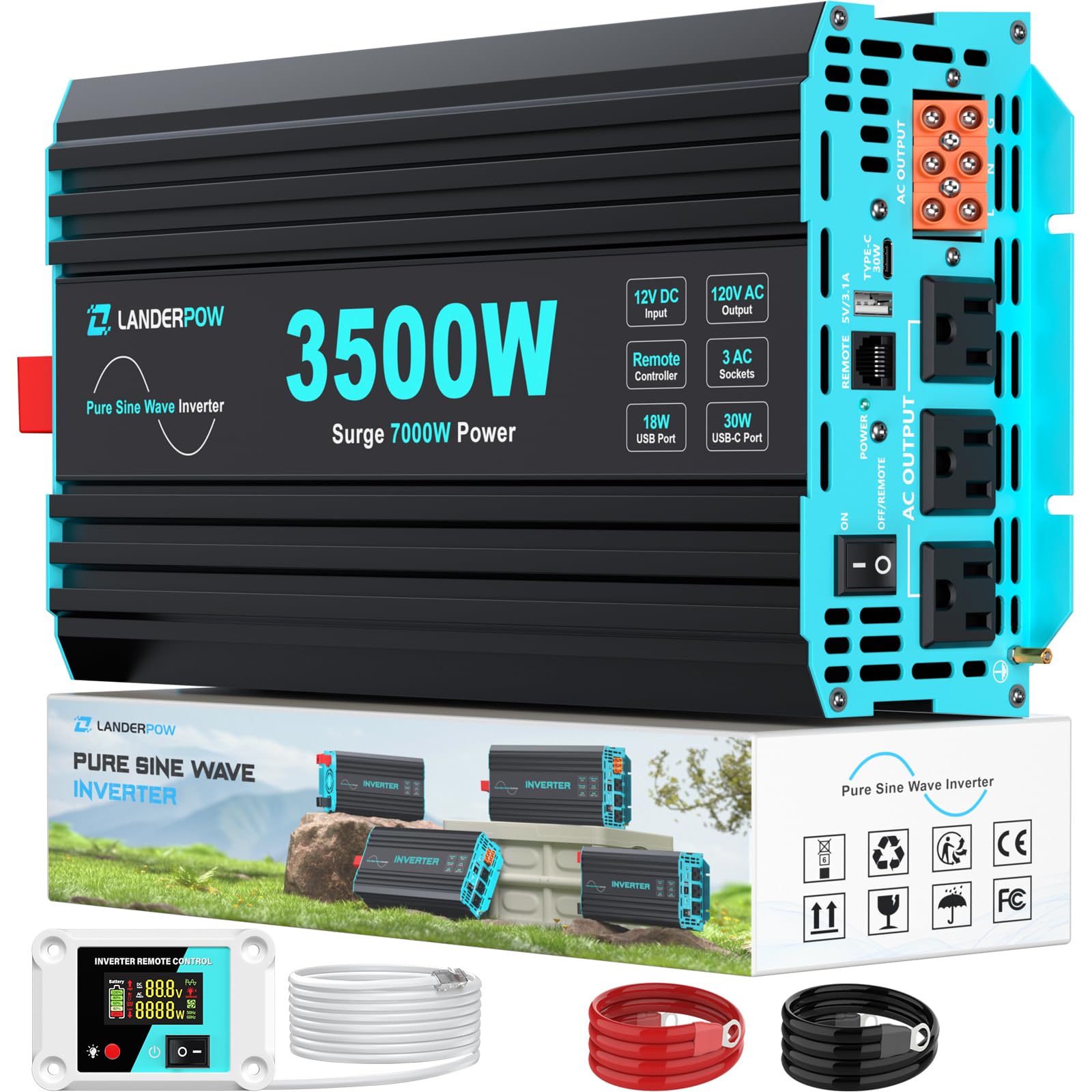 Photo 1 of LANDERPOW Pure Sine Wave 3500W Power Inverter 12V DC to 120V AC for RV, Truck, Home, Off-Grid, Solar, Inverter with 3 AC Outlet, 30W USB-C, 5V 3.1A USB, Hardwire Port, 15FT Remote Control, Surge 7000W