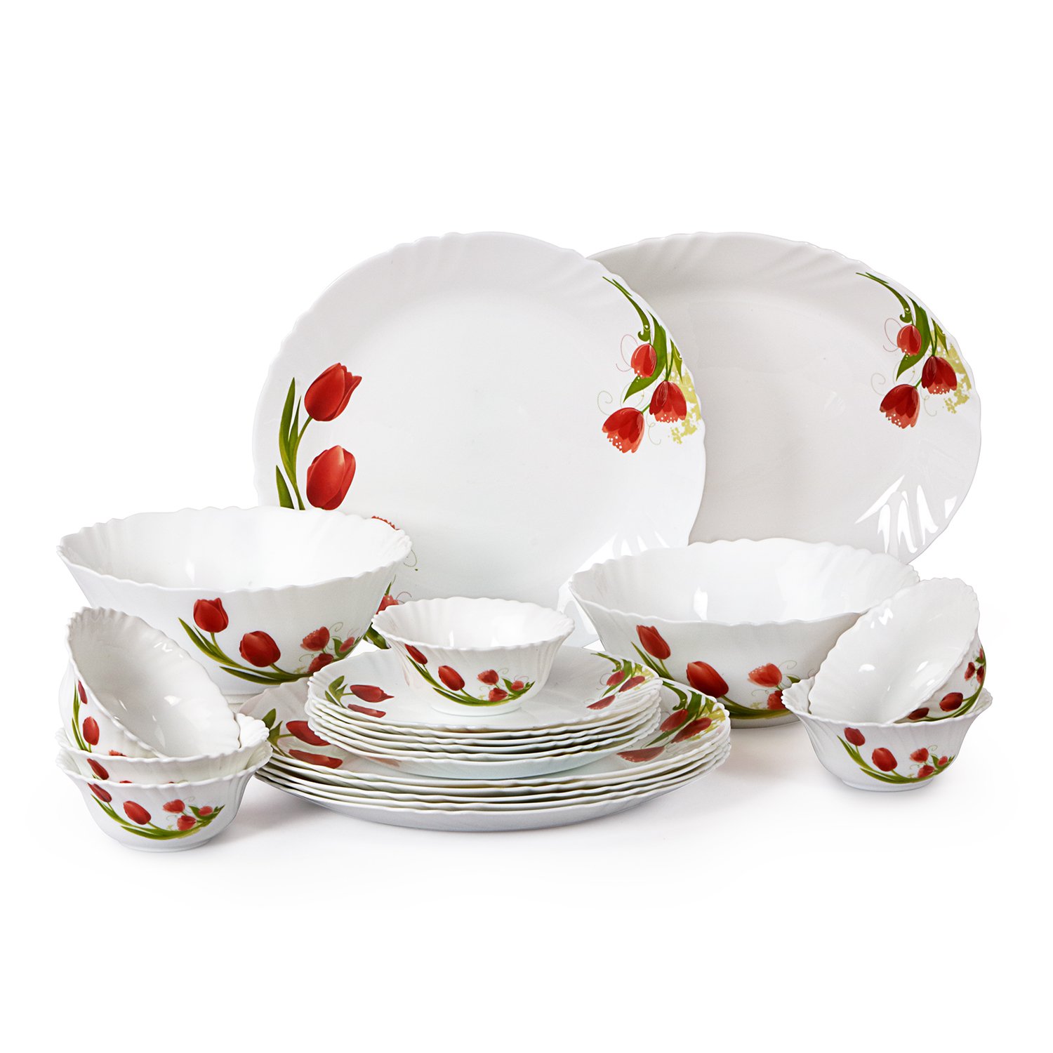 Buy Cello Imperial Red Bloom Opalware Dinner Set, 21 Pieces, White