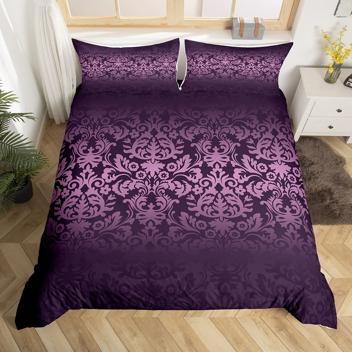Homewish Damask Bedding Sets Double Size, Deep Purple Ombre Floral Duvet Cover Sets for Adults Women, Bohemian Paisley Damask Comforter Cover, Violet Victorian Baroque Bedding & Linen 3Pcs