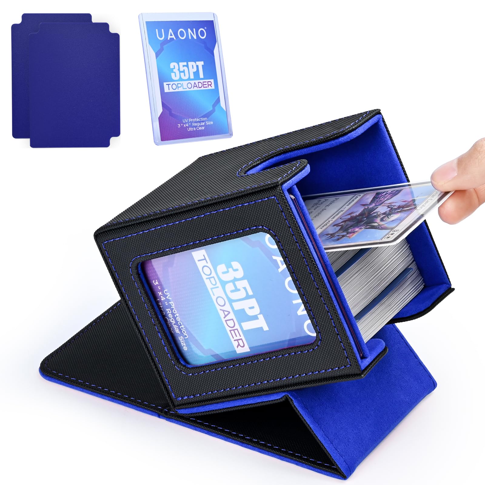 UAONO Card Deck Box with MTG Commander Display, Patented Design Card Deck Case Holds 100+ Double-Sleeved Cards, PU Leather Cards Storage Box For TCG with 2 Dividers, 1 Top Loader (Black&Blue)
