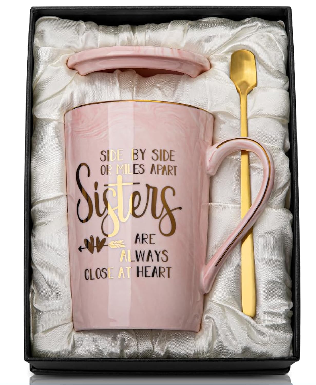 Doublewhale Sister Birthday Gifts, Sister Gifts from Brother Sisters - Gift for Sisters on Birthday Valentine's Day Mother's Day, 14oz Marble Ceramic Coffee Mug with Golden Spoon Lid Card Gift Box
