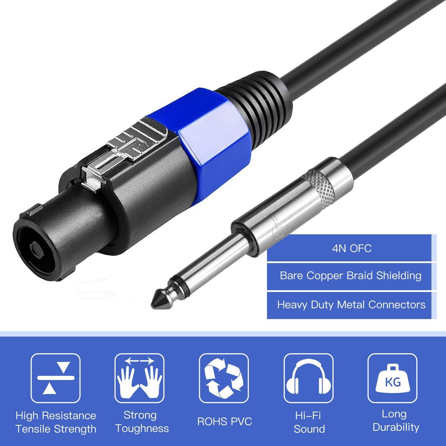 Dekomusic 2Pack 25 ft Speakon to 1/4" Male Speaker Cables, Professional 12 Gauge AWG Wire Audio Amplifier Connection Cord, DJ/PA Speaker Cable Wire with Twist Lock.: Industrial & Scientific