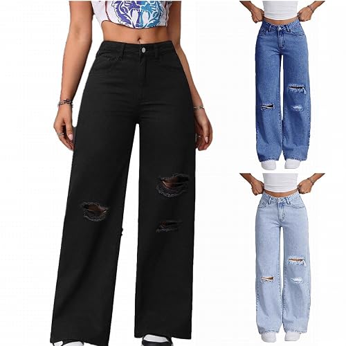 2025 Jeans Womens High Waist Straight Leg Jeans with Cute Bow Embroidery Casual Fashion Baggy Wide Leg Denim Pants Bottoms Loose Fit Comfortable Retro Denim Trousers Streetwear for Women UK