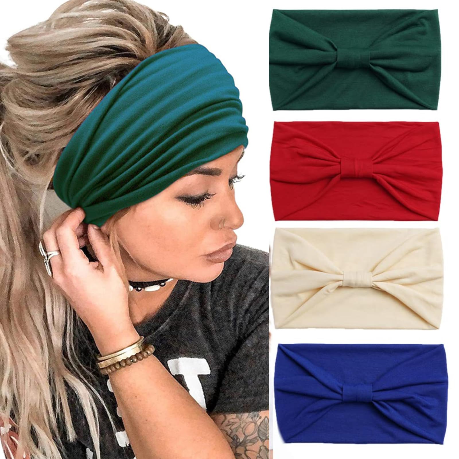 4Pcs Headbands for Women Wide Knotted Turban Bandana Boho Head Scarfs Wraps Yoga Hairbands Fabric Elastic Headband Sport Running Headscarves (PlainWhite)