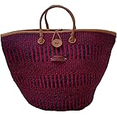 Resilient Handmade Sisal African Basket Tote Bag, Hand Woven Market Grocery Shopping Bags with Leather Handles and Button Closure, Summer Beach Handbag, Straw Shoulder Purse for Women Travel