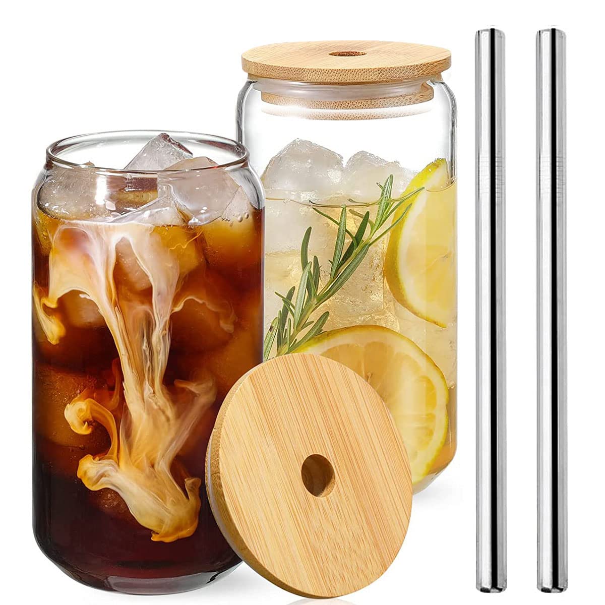 Jetcloud 2pcs Transparent Can Shaped Glass Cups with Bamboo Lids & Stainless Steel Straw 500ml Drinking Glasses Set for Cold Beverage Juice Coffee Cocktail Whiskey Beer