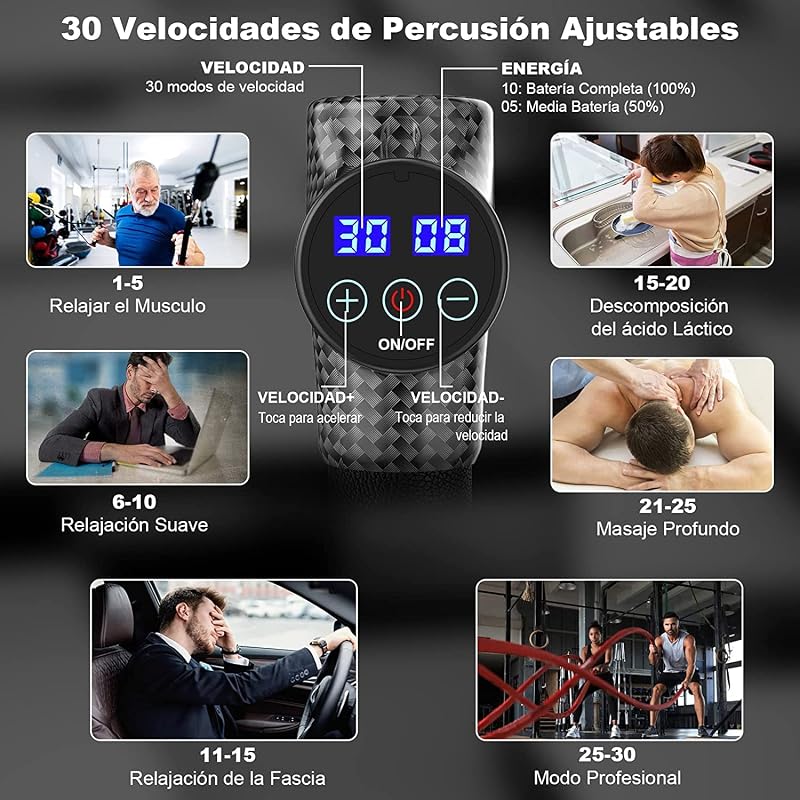Pistola de Masaje Muscular, Eléctrica Masajeador de Músculos de Tejido Profundo Hasta 4800 RPM, 30 Velocidades, 8 Cabezales, Pantalla LCD Táctil, Carga Tipo C(Negro Carbón)