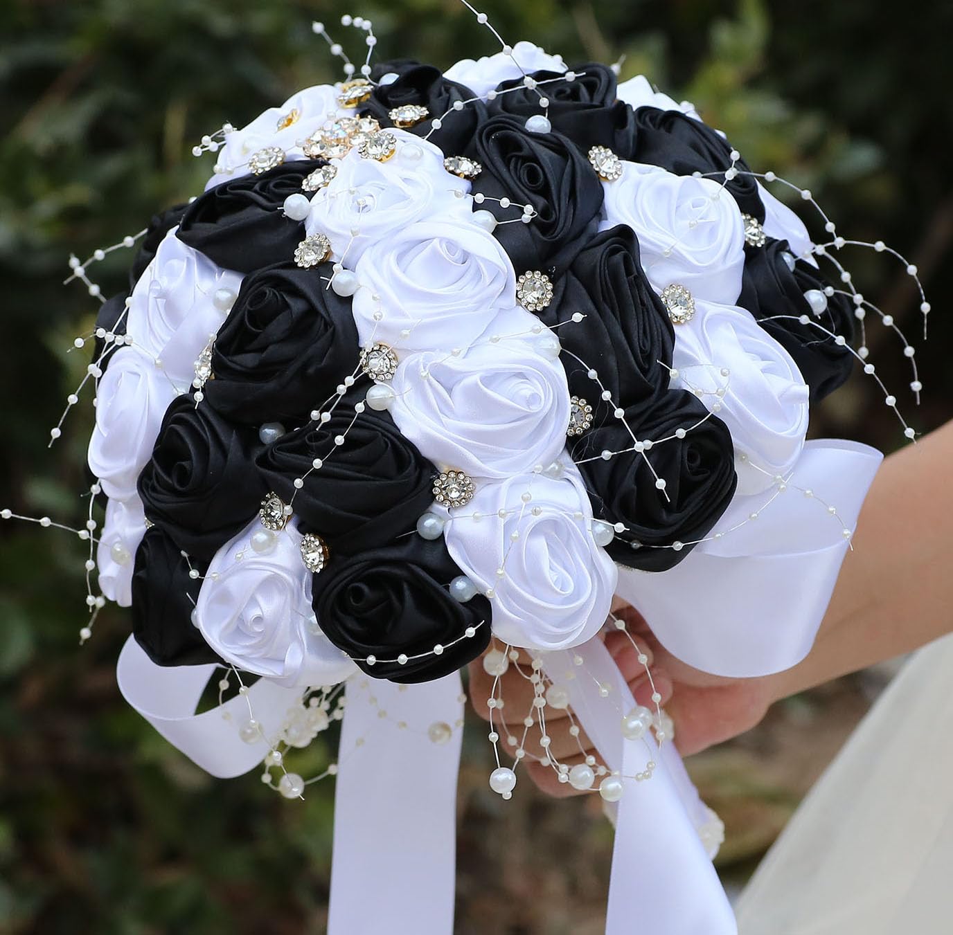 Photo 1 of Mhojpik Bridal Wedding Bouquet Round Bling Brooch Bouquet Throw Toss Artificial Rose Flower Bunch for Bride Bridesmaid Wedding Quinceanera(White & Black, 8.7")