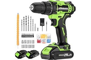 WorkBless WORKBLESS 21V Power Drill Set, Cordless Drill with 2 Batteries and Charger, 3/8'' Keyless Chuck, Variable Speed, 18