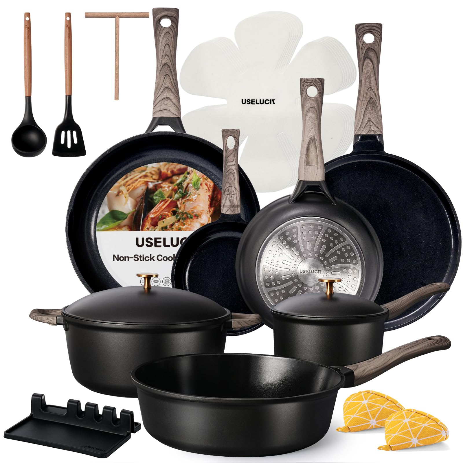 Photo 1 of USELUCK 21Pcs Pots and Pans Set with Aluminum Lid, Nonstick Ti-Ceramic Cookware Sets, Induction Cookware Non Stick Cooking Set w/Frying Pans & Saucepans(PFOS, PFOA Free)-Black