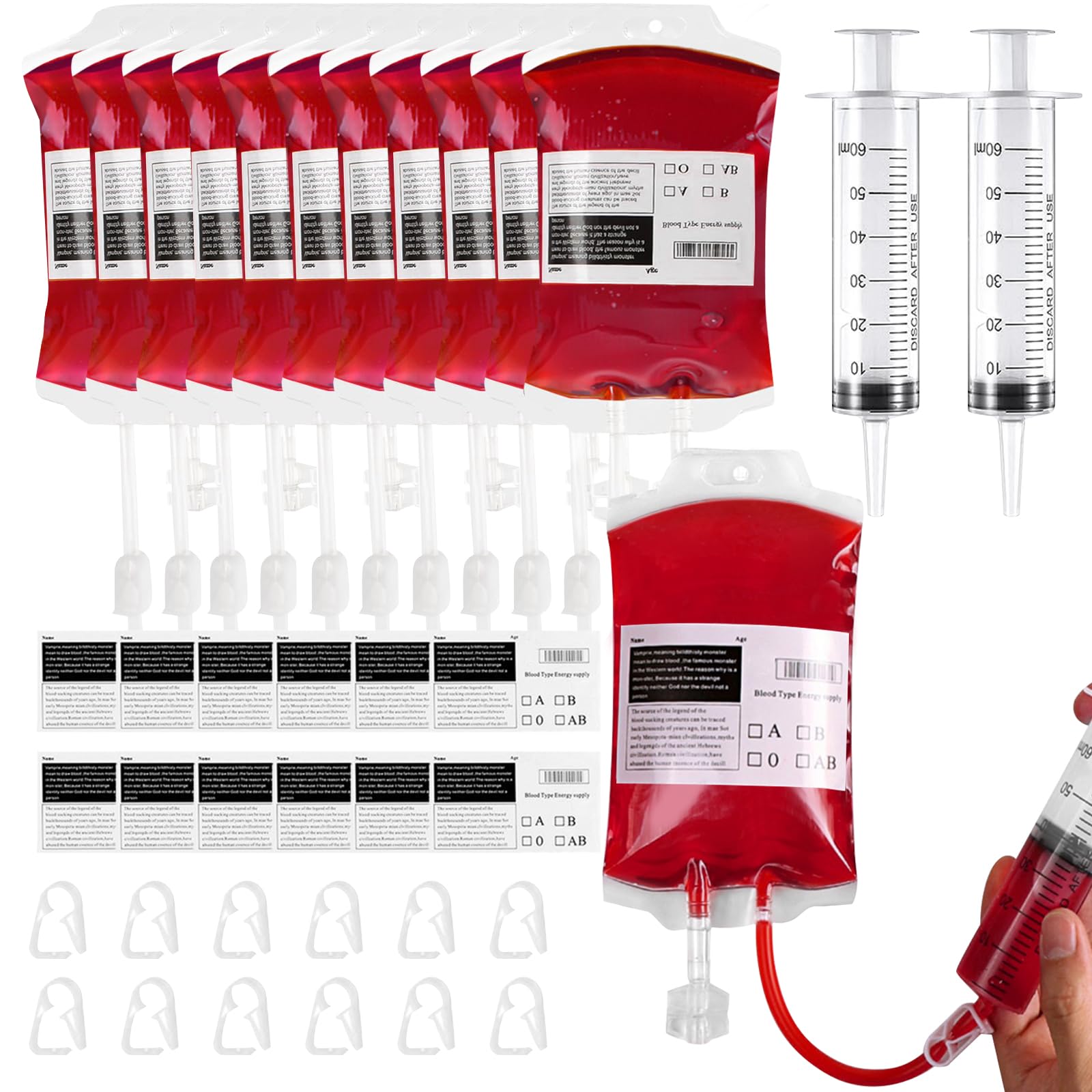 Photo 1 of 12 Pack Halloween Blood Bag Drink Containers, Reusable IV Blood Bags Pouches for Vampire Cosplay, Nurse, Medical, Horror Party Decorations, Doctor Nursing/RN Graduation, 12 Fl. Oz. Each + 2 Syringes