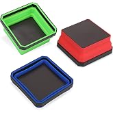 PR1ME Upgrade Collapsible Magnetic Parts Tray Set, 3 Pack, Foldable Magnetic Tool, 4.25 inch Square Silicone Bowls with Magnetic Base Stores and Organizes Small Parts and Tools