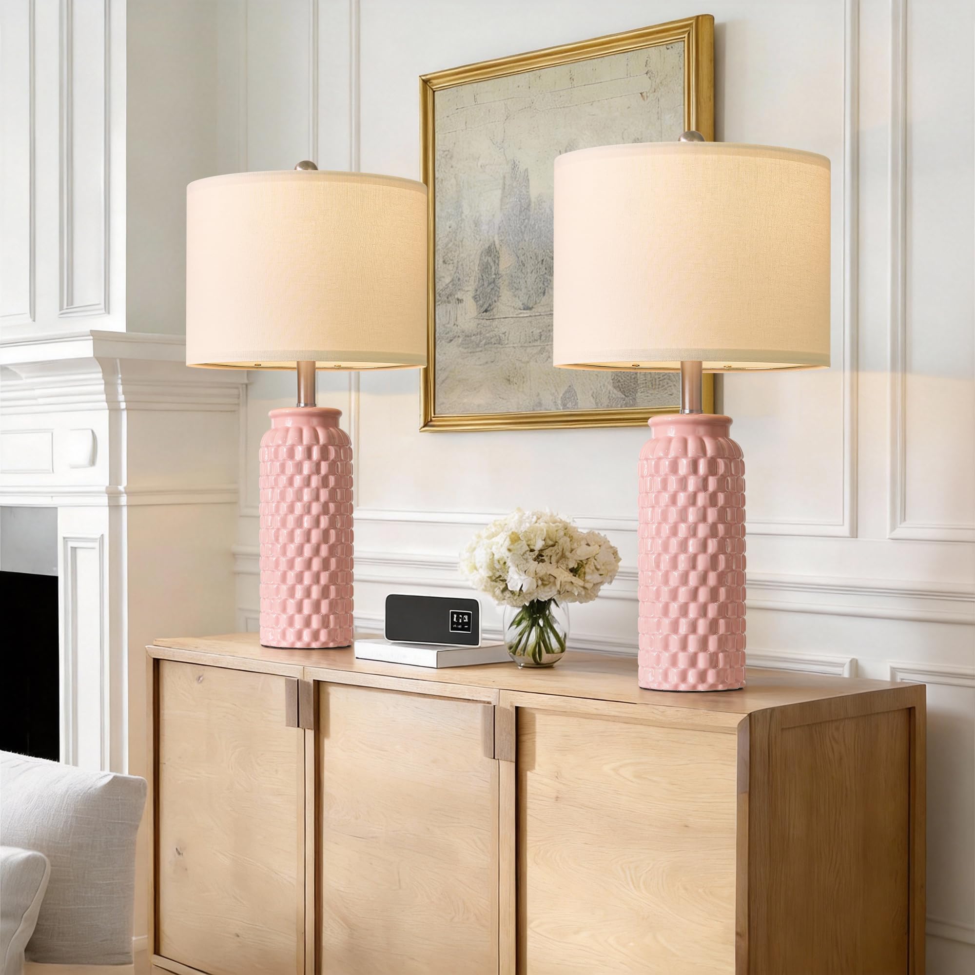 USumkky 24" Modern Ceramic Pink Bedside Lamp Set of 2 Table Lamp for Bedroom Decor Farmhouse Table Lamp for Living Room Office Dorm Image