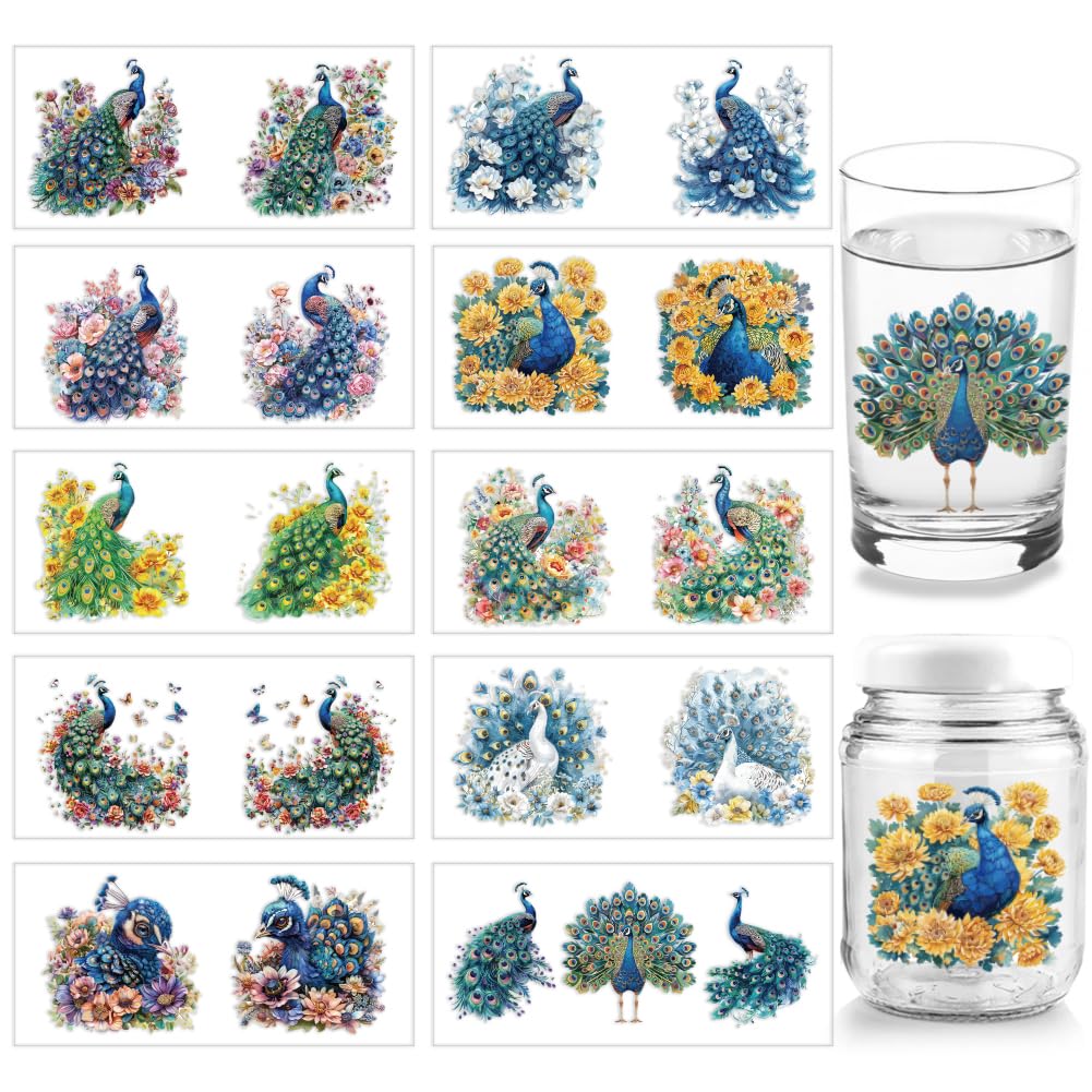 arricraft 10 Sheets Peacock UV DTF Cup Wrap for 16OZ Glass, Flowers Butterflies Rub on Decals Birds Cup Wrap PVC Transfer Stickers for DIY Cups Bottles Wood Funiture Garden Crafts