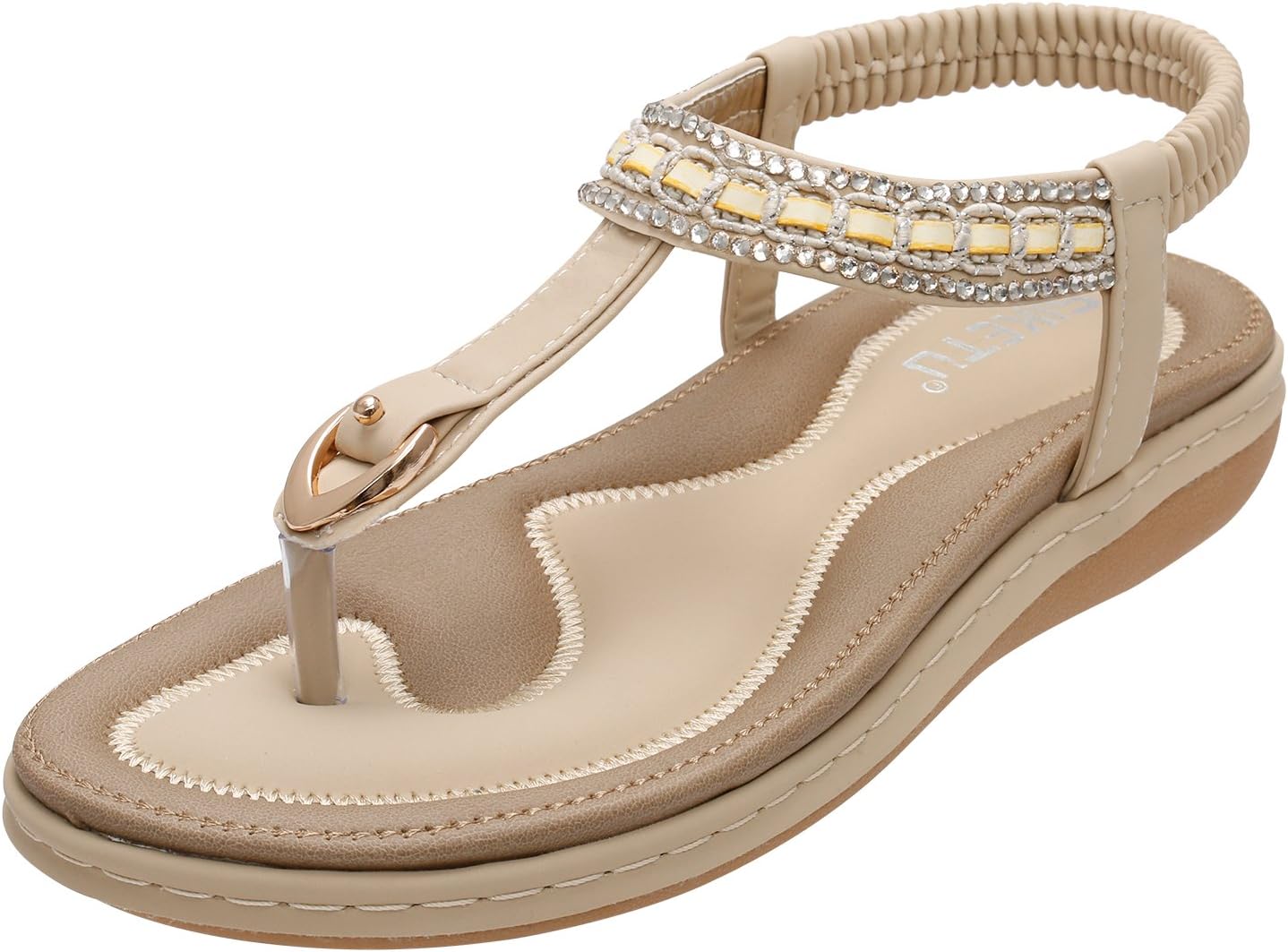 Women's Flat Sandals Rhinestone T-Strap Bohemian Elastic Sparkle Beach Shoes