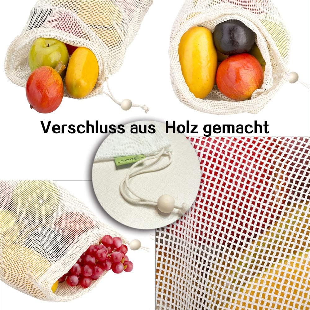 E-Know Vegetable Bags Made of Cotton, Set of 11 Fruit and Vegetable Bags, Natural Mesh Cotton, Zero-Waste (3 Small, 4 Medium - Image 4