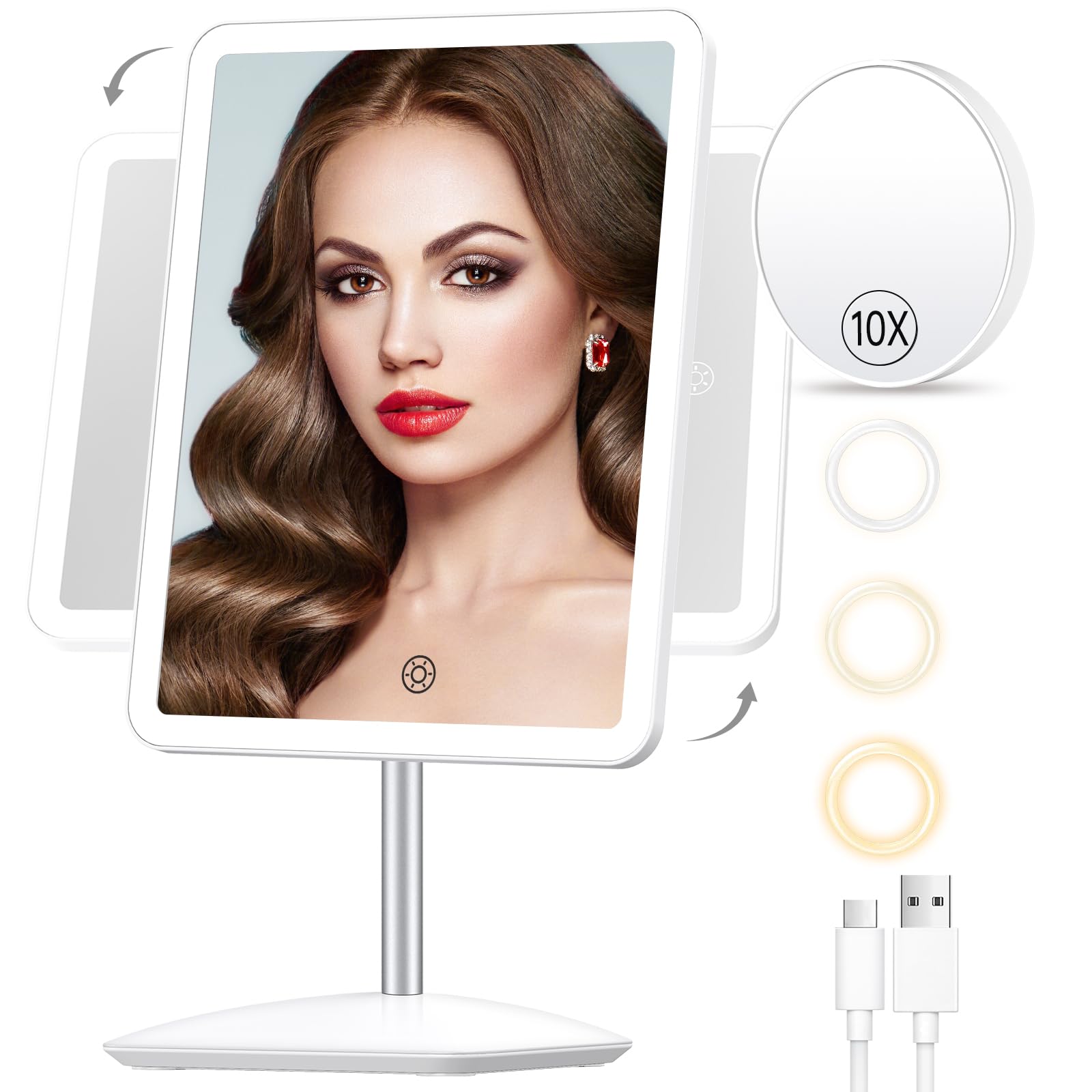 Photo 1 of COSMIRROR Makeup Mirror with Lights, Rechargeable 2000mAh Lighted Makeup Mirror with 10X Magnification, 360°Rotation Makeup Vanity Mirror with 3 Color Light, Touch Control Light up Mirror for Makeup