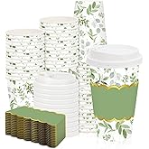 JarThenaAMCS 50Pcs Greenery Coffee Cups with Lids Sleeves 16oz Green Eucalyptus Leaves Paper Cups Disposable To Go Coffee Cups for Wedding Cafes Shops Cappuccino Chocolate Beverage Cocoa