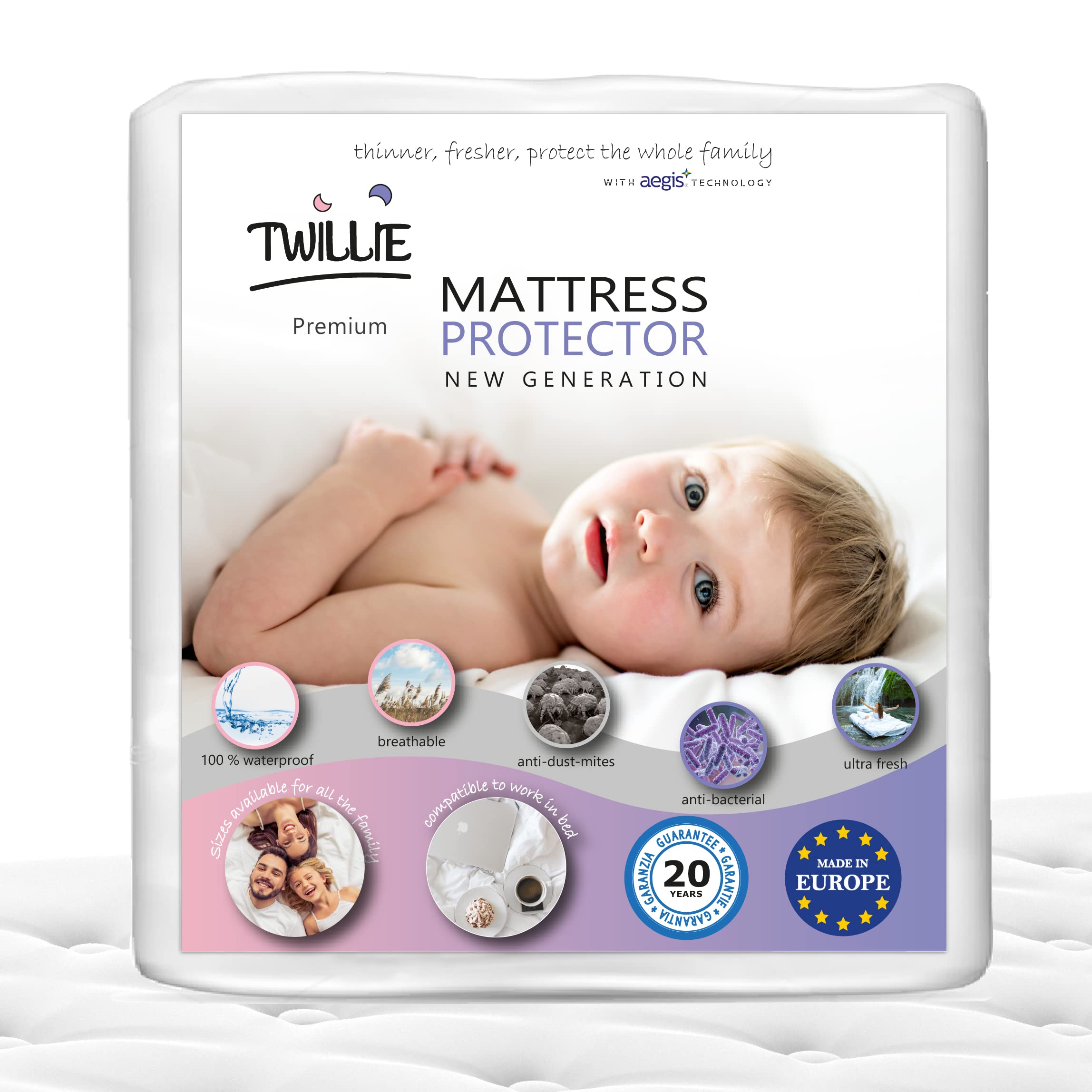 Twillie Mattress Protector 70 x 160 cm Waterproof and Breathable – Oeko-Tex® Certified – Aegis® – Hypoallergenic – Anti-Dust Mite, Bacterial – Mattress Cover 100% Polycotton
