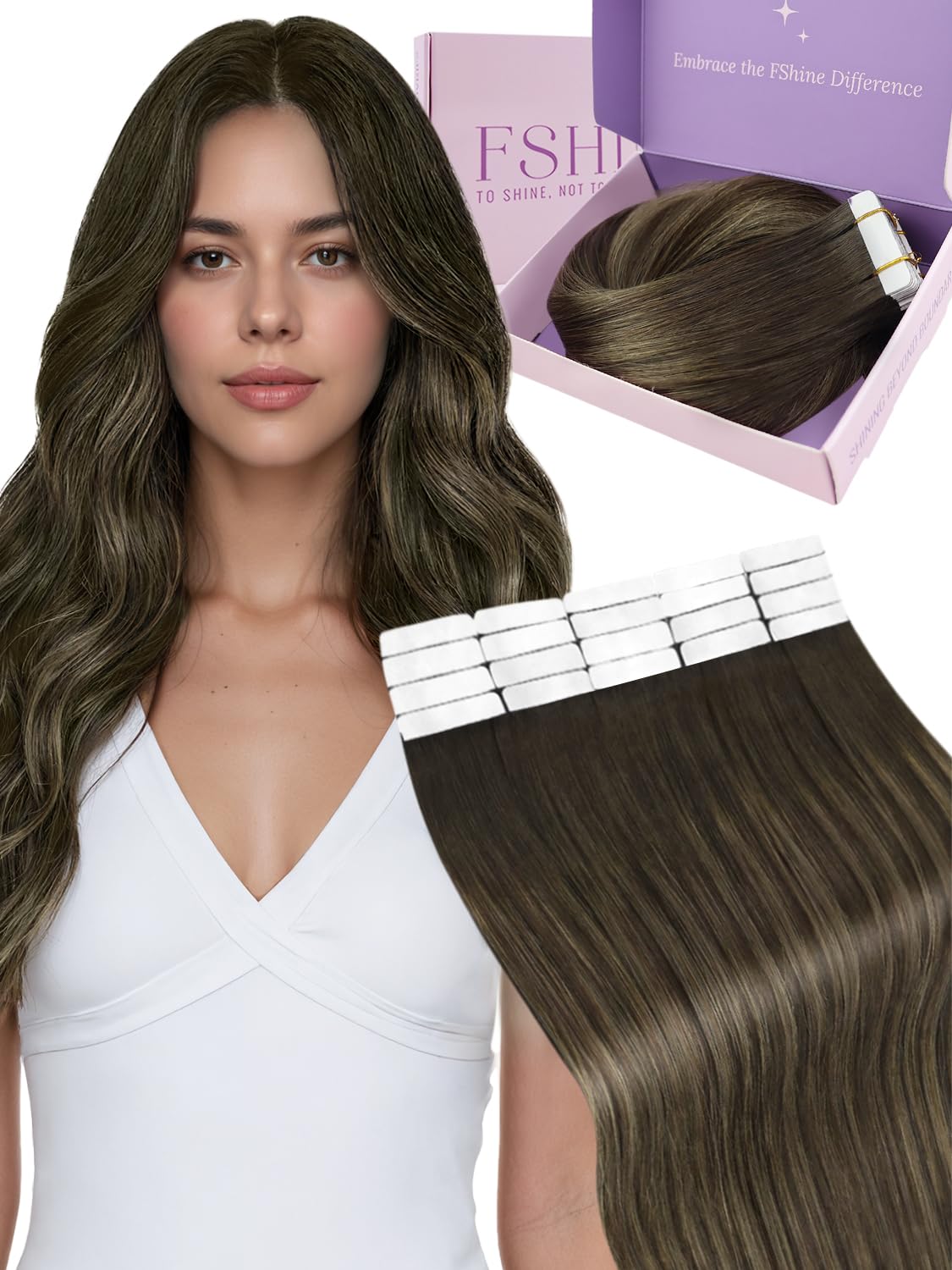 Fshine Real Human Hair Tape in Hair Extensions,14 Inch 20 Pcs 50 g,Balayage Dark Brown to Chestnut Brown,Tape in Extensions Handcrafted for Salon Quality for Women โ image 1