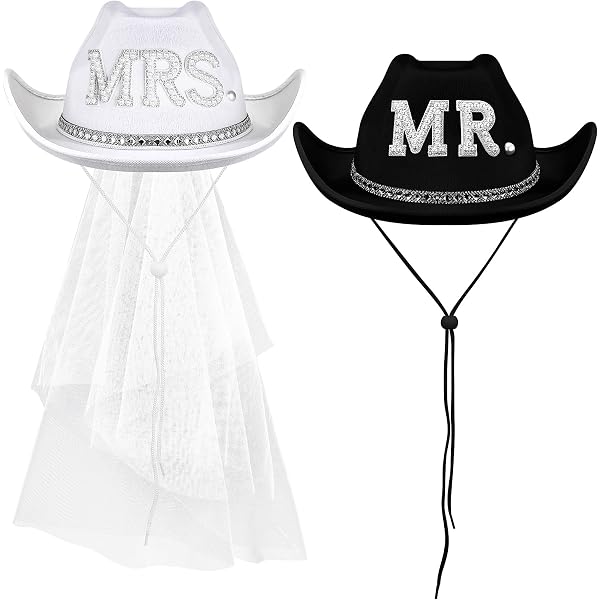 Geyoga 6 Pack Bride Cowgirl Hat with Veil Groom Cowboy Hat  display picture 1