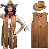 ATAMET Western Cowgirl Outfits for Women Cowgirl Fringe Vest Cowboy Hat Necklace Bandana,70s Hippie Costume for Halloween