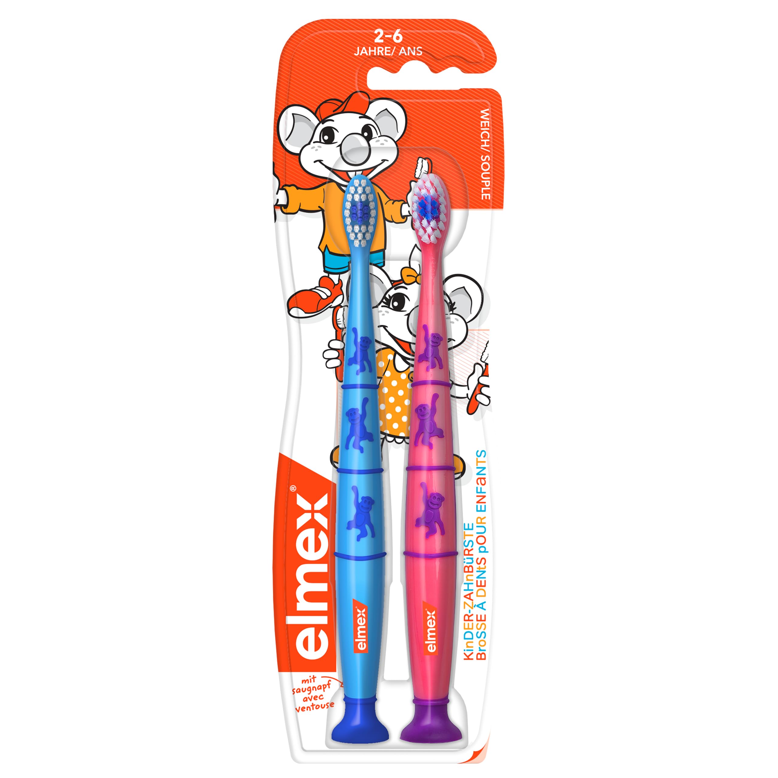 Elmex 2 x Kids Toothbrush for Children Aged 2-6 Years with Suction Cup