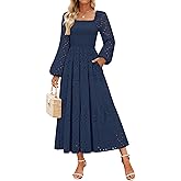 ZESICA Women's Spring Long Sleeve Maxi Dresses 2026 Square Neck Hollow Out Eyelet Smocked A Line Cocktail Party Dress