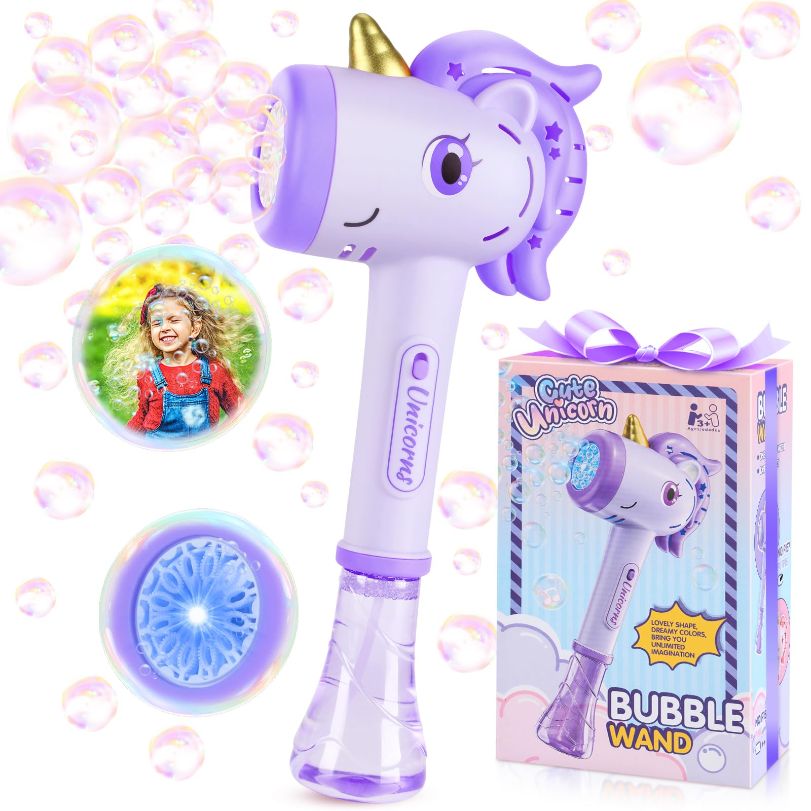 Getatoy Toys for 3+ Year Old Girls Kids: Unicorn Bubble Wand with Cool Light Gifts for Age 4 5 6 7 8 Years Old Kids Baby Bubble Machine for Parties Birthday for Toddler Ages 3-8