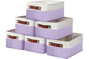 DULLEMELO Small Storage Baskets 6 Pack, Fabric Collapsible Gift Storage Baskets for Shelves, Closets, Nursery, Home, Office Organizing,Small Canvas Linen Rectangular Storage Bins (White&Purple)