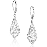 925 Sterling Silver Dangle Earrings for Women, 14K Gold Plated Filigree Dangling Leverback Earrings, Geometric Hypoallergenic Lightweight Dangly Drop Earings for Women Trendy Jewelry Gifts