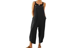 Lingjiazi Womens Cotton Linen Adjustable Overalls Sleeveless Baggy Jumpsuit Romper with Pockets