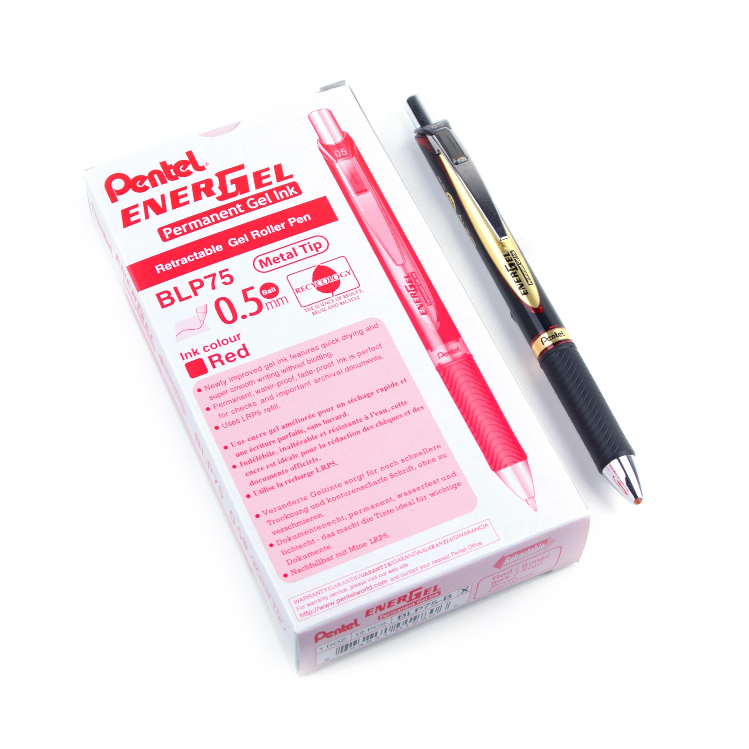 EnerGel Permanent Retractable Rollerball, 0.5mm, Red ink, 1 pack of 12 pens