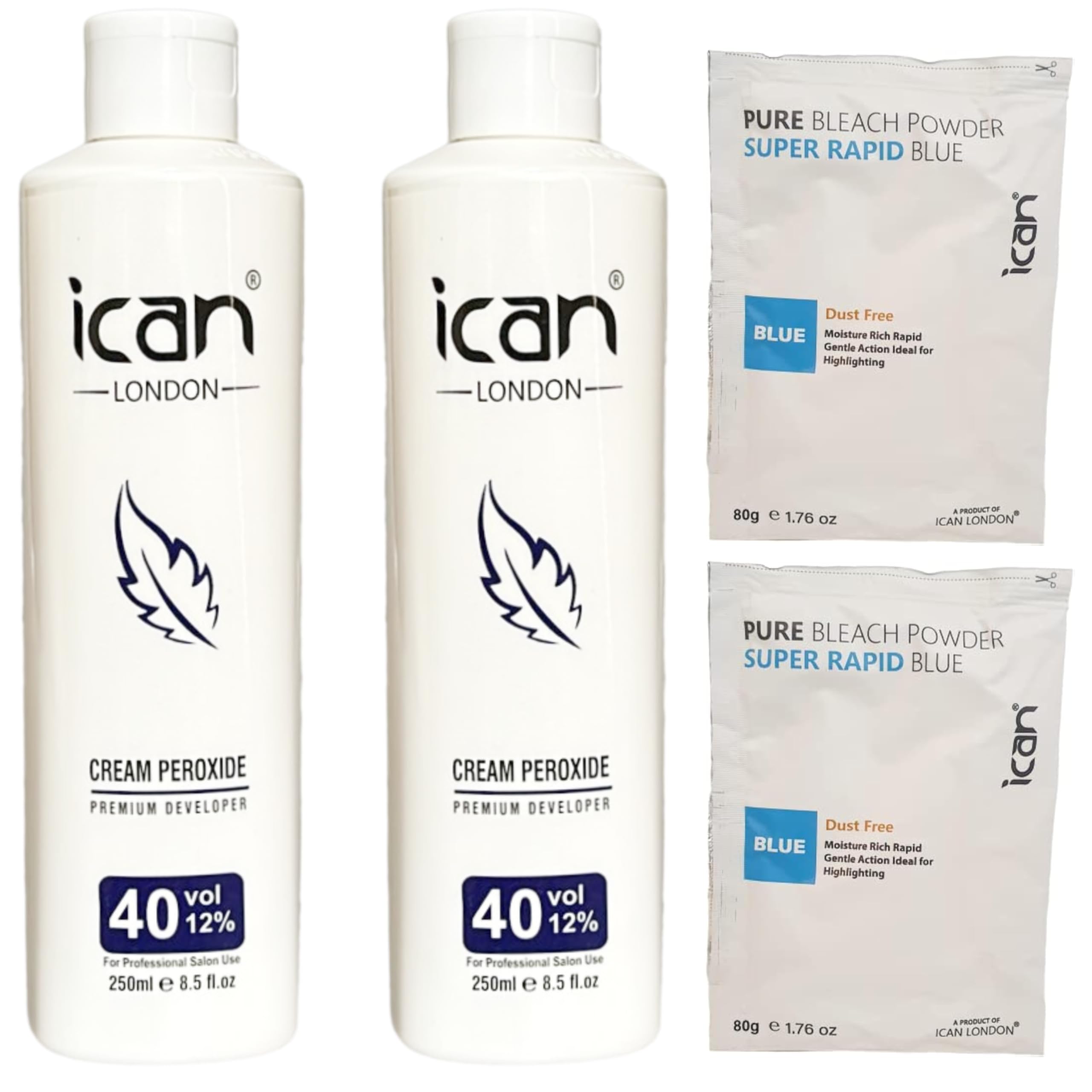 ICAN LONDON CREAM PEROXIDE 40 VOL 12% 250 ML x 2 + RAPID BLUE POWDER BLEACH 80G x 2 SET