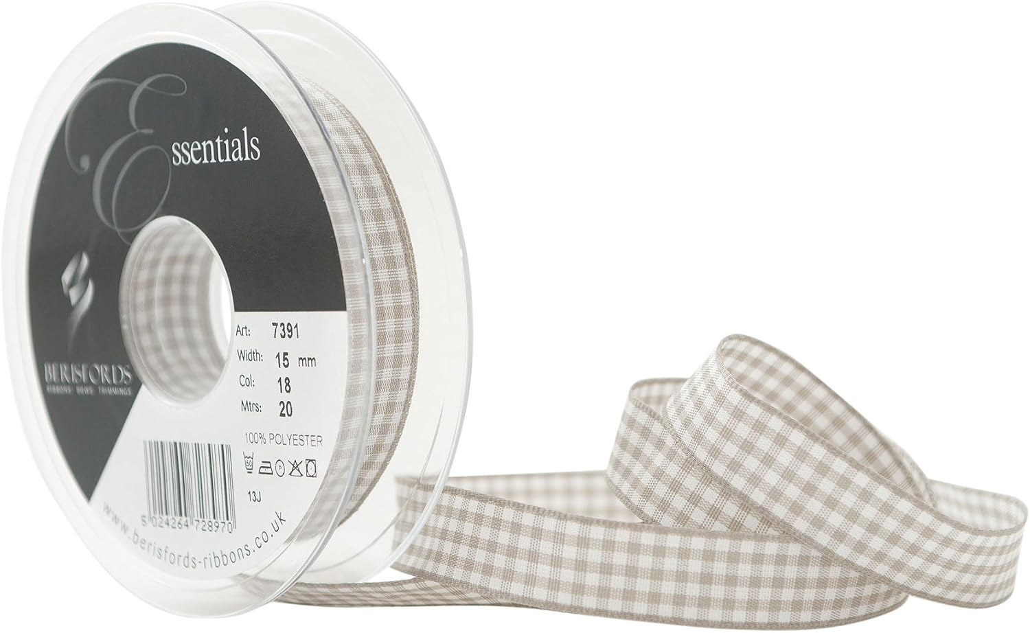 Berisfords 7391-ST-15 15 mm Gingham Ribbon, Steel
