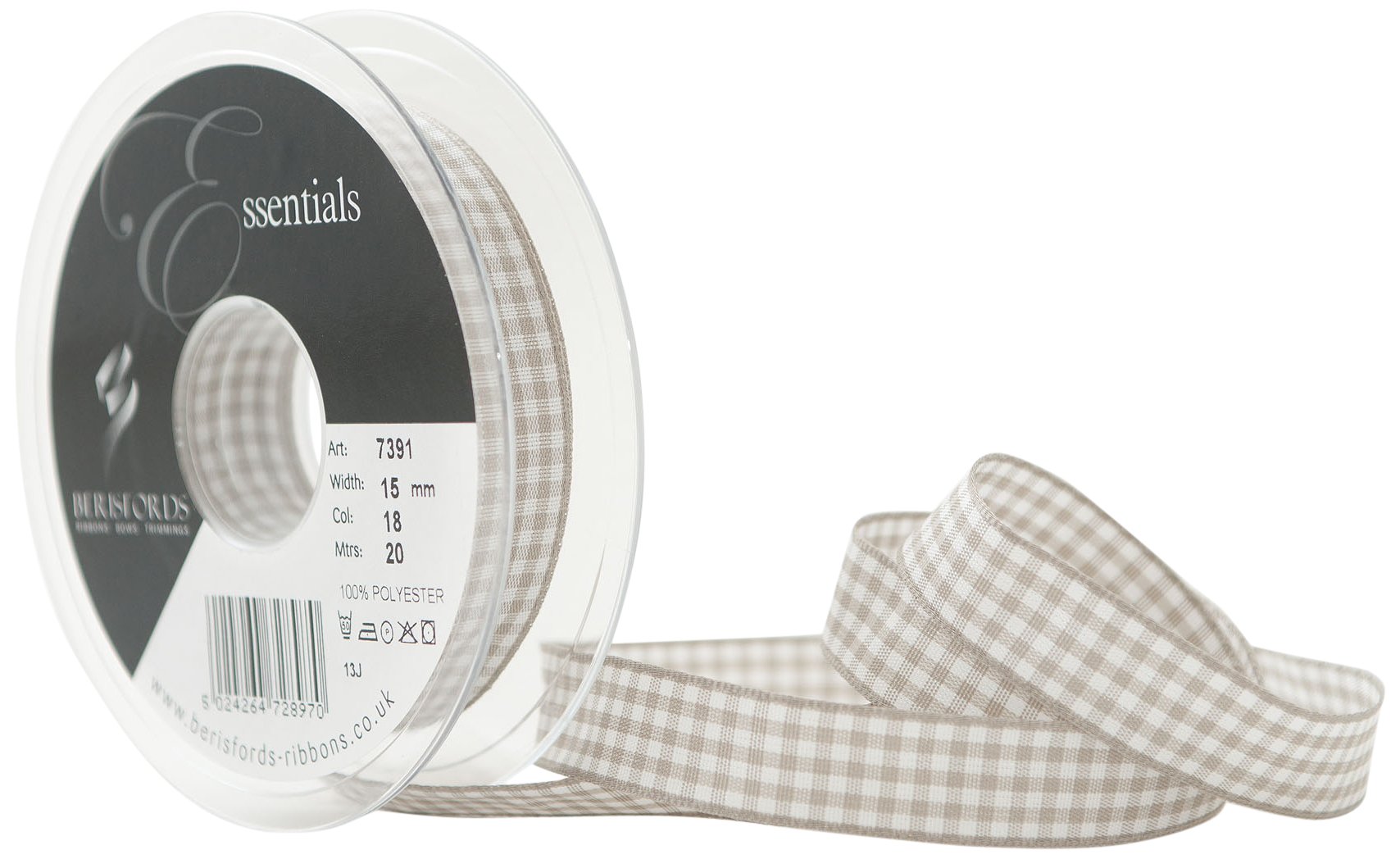 Berisfords 7391-ST-15 15 mm Gingham Ribbon, Steel