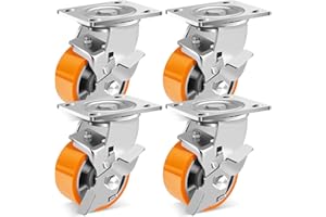W B D WEIBIDA 4-Inch Industrial Grade Casters Wheels, Heavy Duty Casters Set of 4 with Brake 3200 Lbs, Maintenance-Free Polyurethane on Aluminum Wheels, Plate Swivel Casters for Machine, Workbench