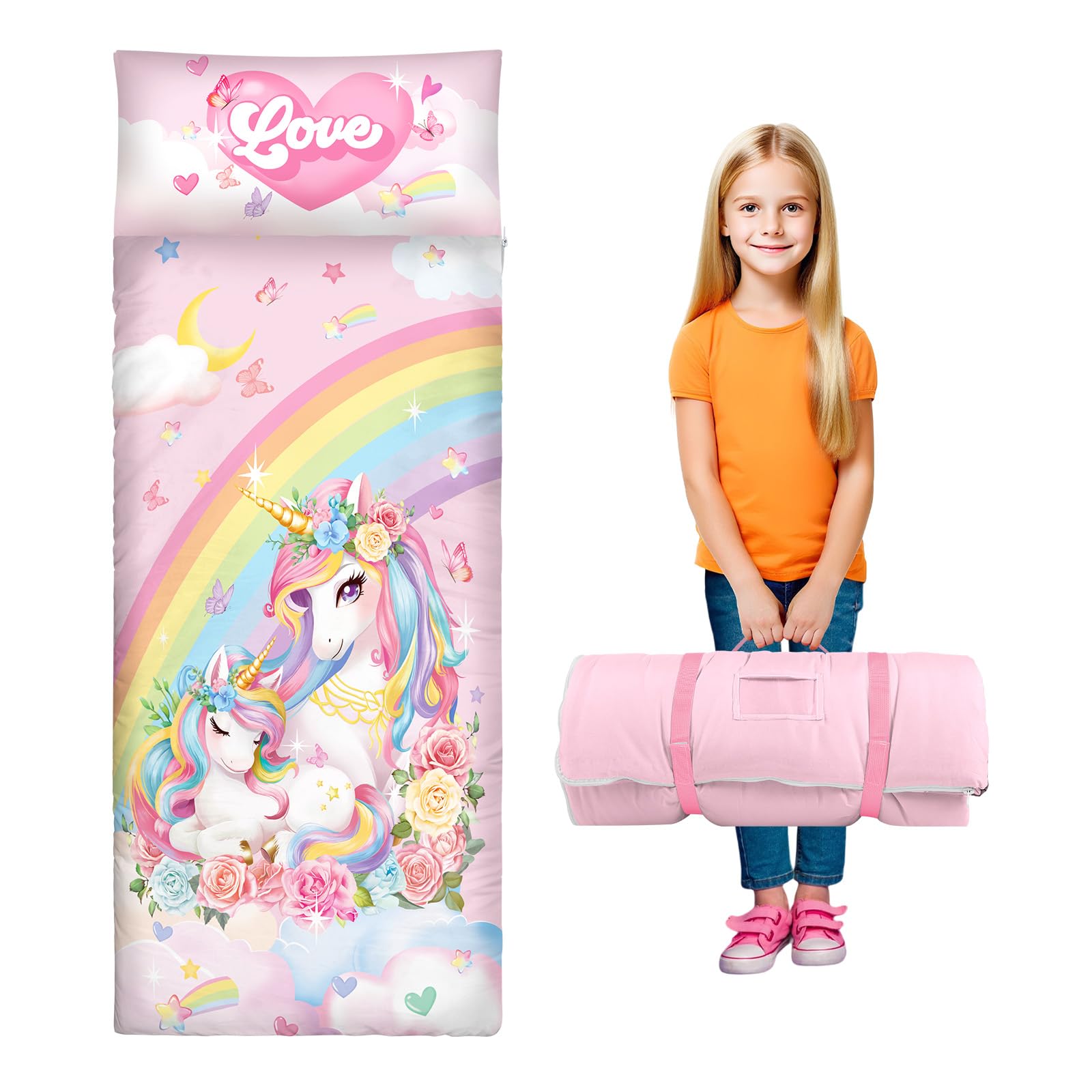 Kids Sleeping Bag with Pillow,Nap Mat for Toddlers Boys Girls, Warm Toddler Slumber Bag 150x60cm, Roll Up Kids Sleeping Mat with Double Zip for Bedroom Daycare Kindergarten,Unicorn