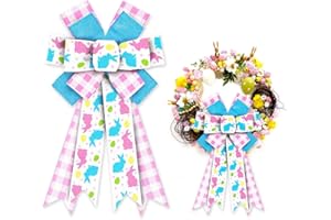 ALIBBON Large Easter Bows for Wreaths, Spring Easter Wreath Bows, Easter Rabbit Egg Bows for Crafts, Easter Decor, Blue Pink Buffalo Plaid Burlap Bows for Wreath Indoor Outdoor Wall Window Decorations