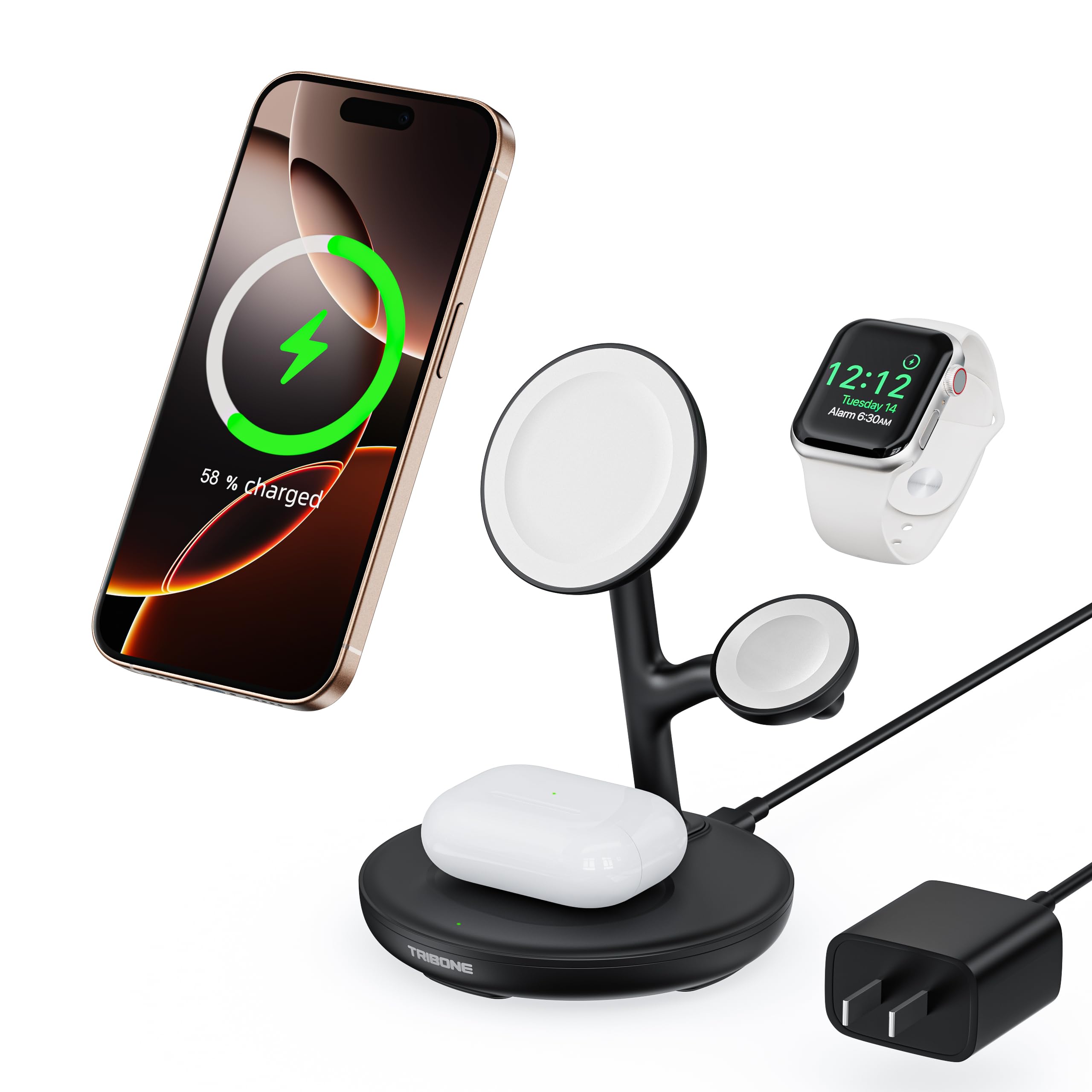 Photo 1 of 3 in 1 Magnetic Wireless Charger Stand for Apple Devices, TRIBONE Fast Charging Station for iPhone 17/16/15/14/13/12 Series, Apple Watch, Airpods (Panda Color)