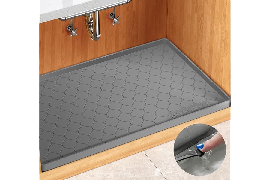 Winisok Waterproof Under Sink Mat 34" x 22", Silicone Mat, Dark Gray | Raised Edge Traps Spills & Leaks, Shelf Liner, Cabinet Book
