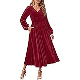ZESICA Women's Velvet Midi Dress 2026 Casual V Neck Long Sleeve Solid Color Elastic High Waist Flowy Evening Party Dresses