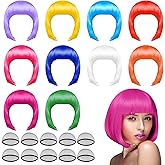 PLULON 10 Pieces Party Wigs and 10 Pieces Wig Caps Set, Neon Short Bob Wig Pack Costume Colorful Cosplay Daily Party Hairpieces for Bachelorette Neon Party Favors, Halloween Decorations
