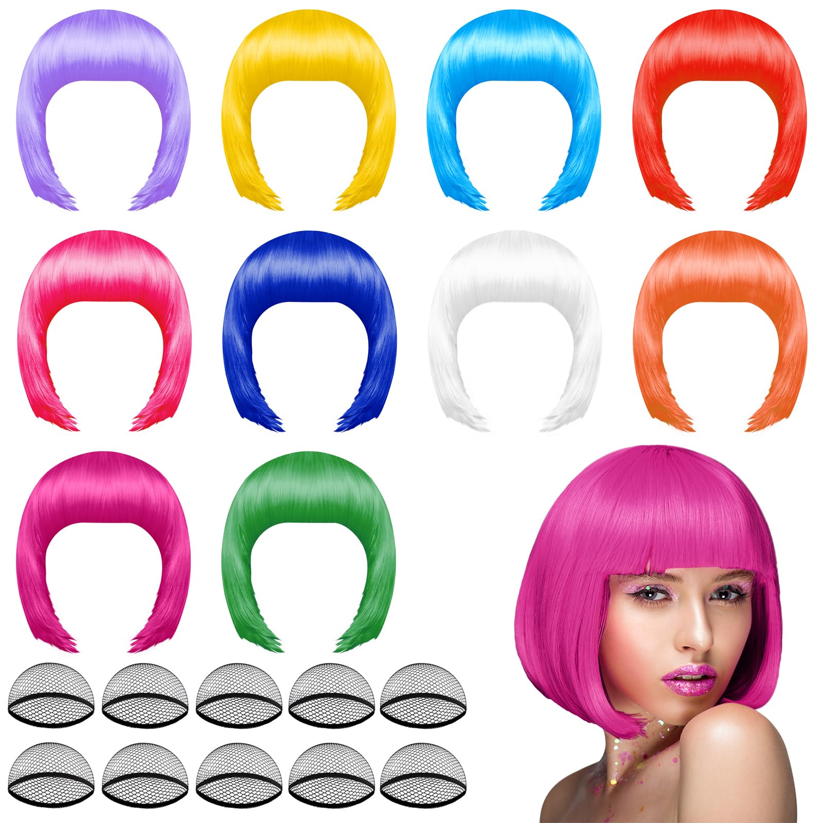 PLULON 10 Pieces Party Wigs and 10 Pieces Wig Caps Set, Neon Short Bob Wig Pack Costume Colorful Cosplay Wig Daily Party Hairpieces for Bachelorette Neon Party Favors, Halloween Decorations