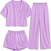 Petite&Me 3-Piece Girls Pajamas Set, Soft Short Sleeve Shirt with Pants & Shorts for Kids Teens